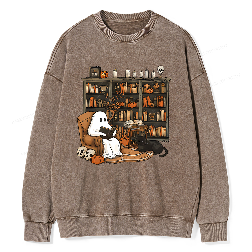 Pagewings Halloween Ghost Reading Books Unisex Washed Sweatshirt