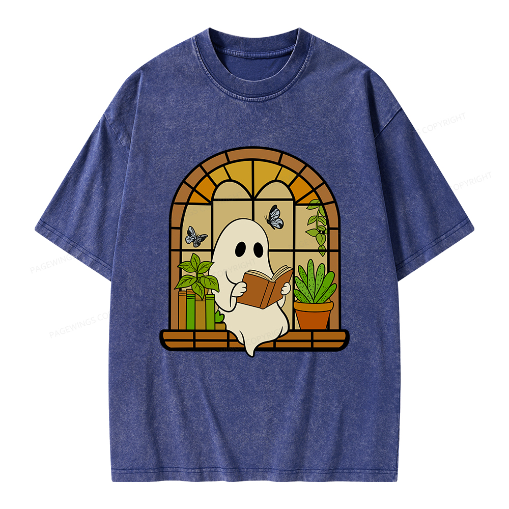 Pagewings Ghost Reading Book Halloween Unisex Washed T-shirt