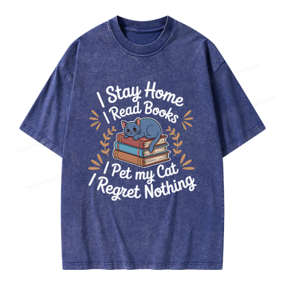 Pagewings I Stay Home I Read Books I Pet My Cat Unisex Washed T-shirt