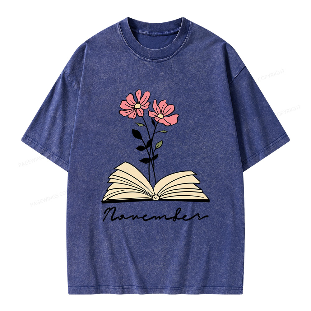 Pagewings Personalized Name Birth Flower Unisex Washed T-shirt