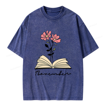 Pagewings Personalized Name Birth Flower Unisex Washed T-shirt