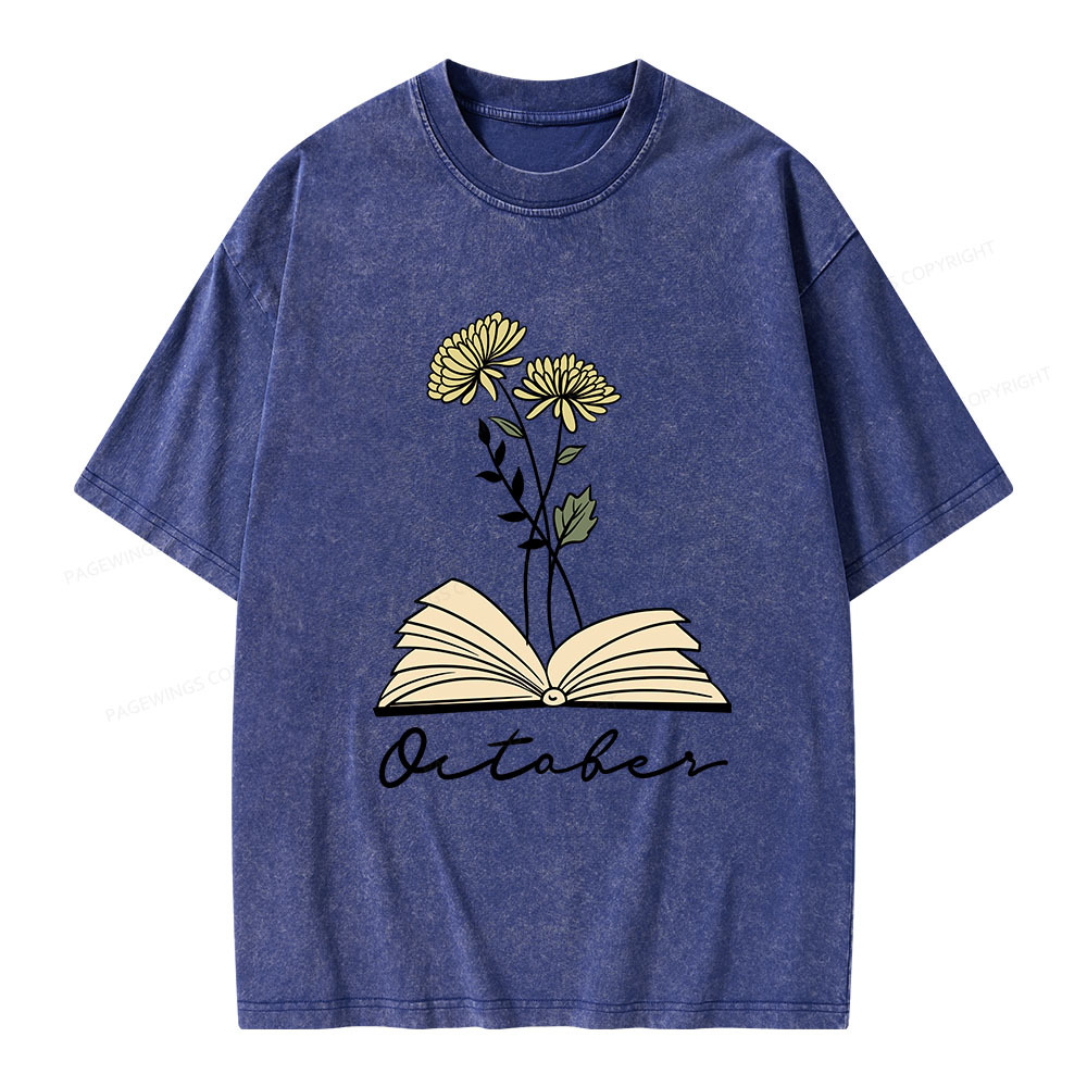 Pagewings Personalized Name Birth Flower Unisex Washed T-shirt