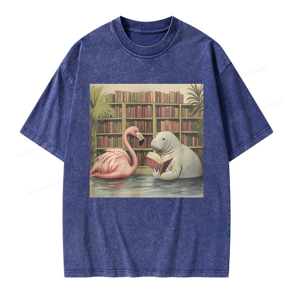 Pagewings Flamingo & Manatee Reading Book Unisex Washed T-shirt