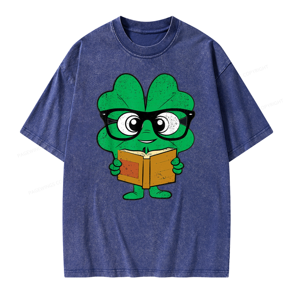 Pagewing Shamrock Reading Books St Patricks Day Unisex Washed T-shirt