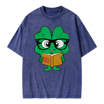 Pagewing Shamrock Reading Books St Patricks Day Unisex Washed T-shirt