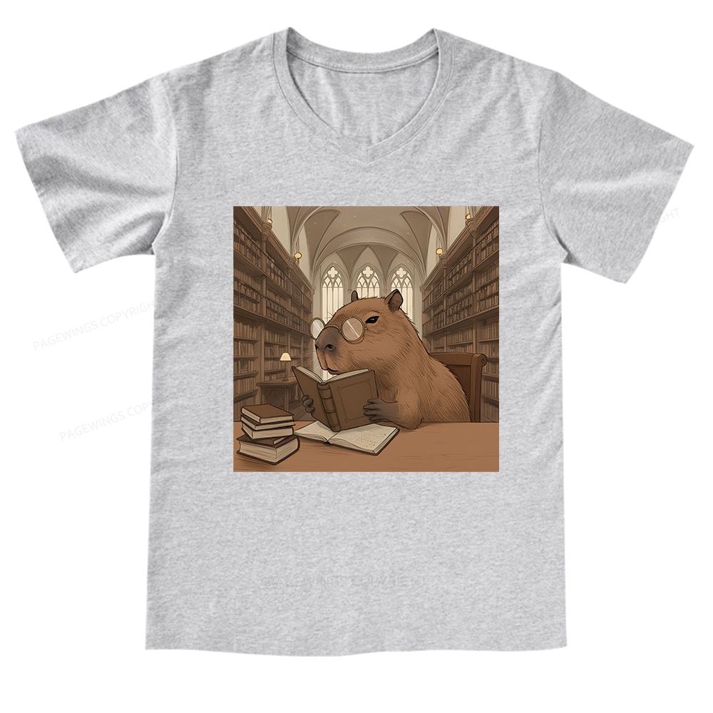 Pagewings The Reader Capybara V-neck T-shirt