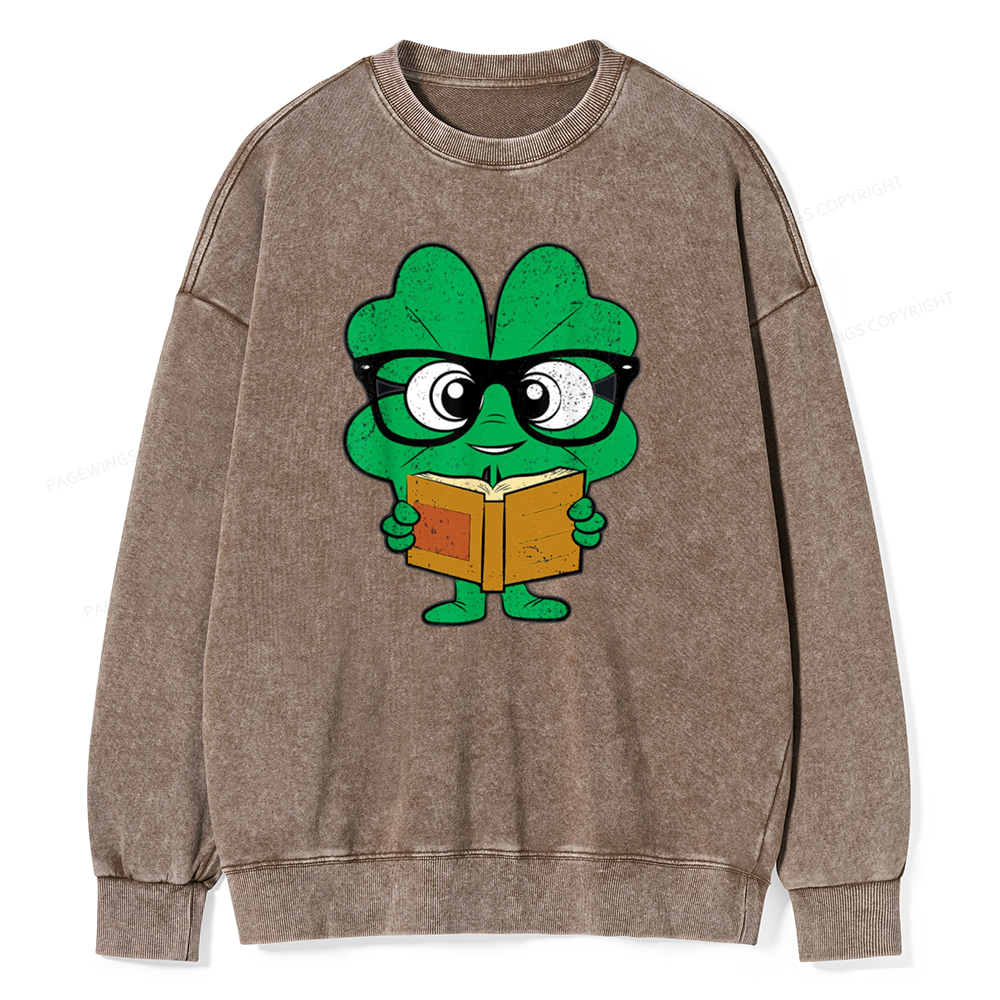 Pagewing Shamrock Reading Books St Patricks Day Unisex Washed Sweatshirt