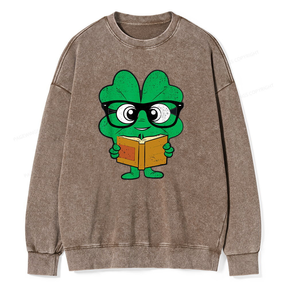 Pagewing Shamrock Reading Books St Patricks Day Unisex Washed Sweatshirt