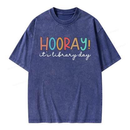 Pagewings Hooray It's Library Day Unisex Washed T-shirt