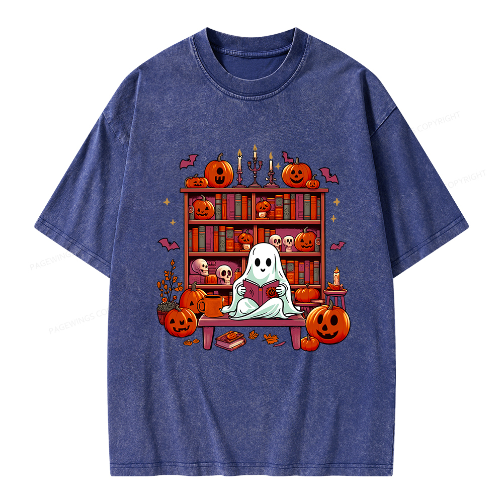Pagewings Ghost Book Reader  Unisex Washed T-shirt