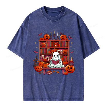 Pagewings Ghost Book Reader  Unisex Washed T-shirt