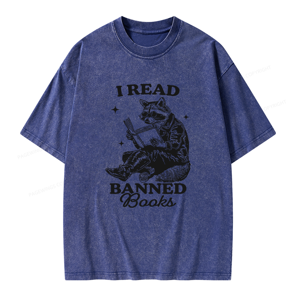 Pagewings I Read Banned Books Raccoon Reading Unisex Washed T-shirt