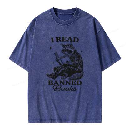 Pagewings I Read Banned Books Raccoon Reading Unisex Washed T-shirt
