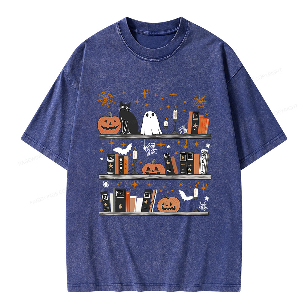 Pagewings Halloween Book Shelf Summerween Unisex Washed T-shirt