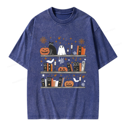 Pagewings Halloween Book Shelf Summerween Unisex Washed T-shirt