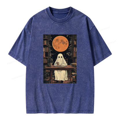 Pagewings Halloween Ghost Books Coffee  Unisex Washed T-shirt