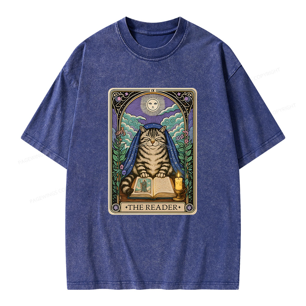Pagewings The Reader Cat Tarot CardsUnisex Washed T-shirt