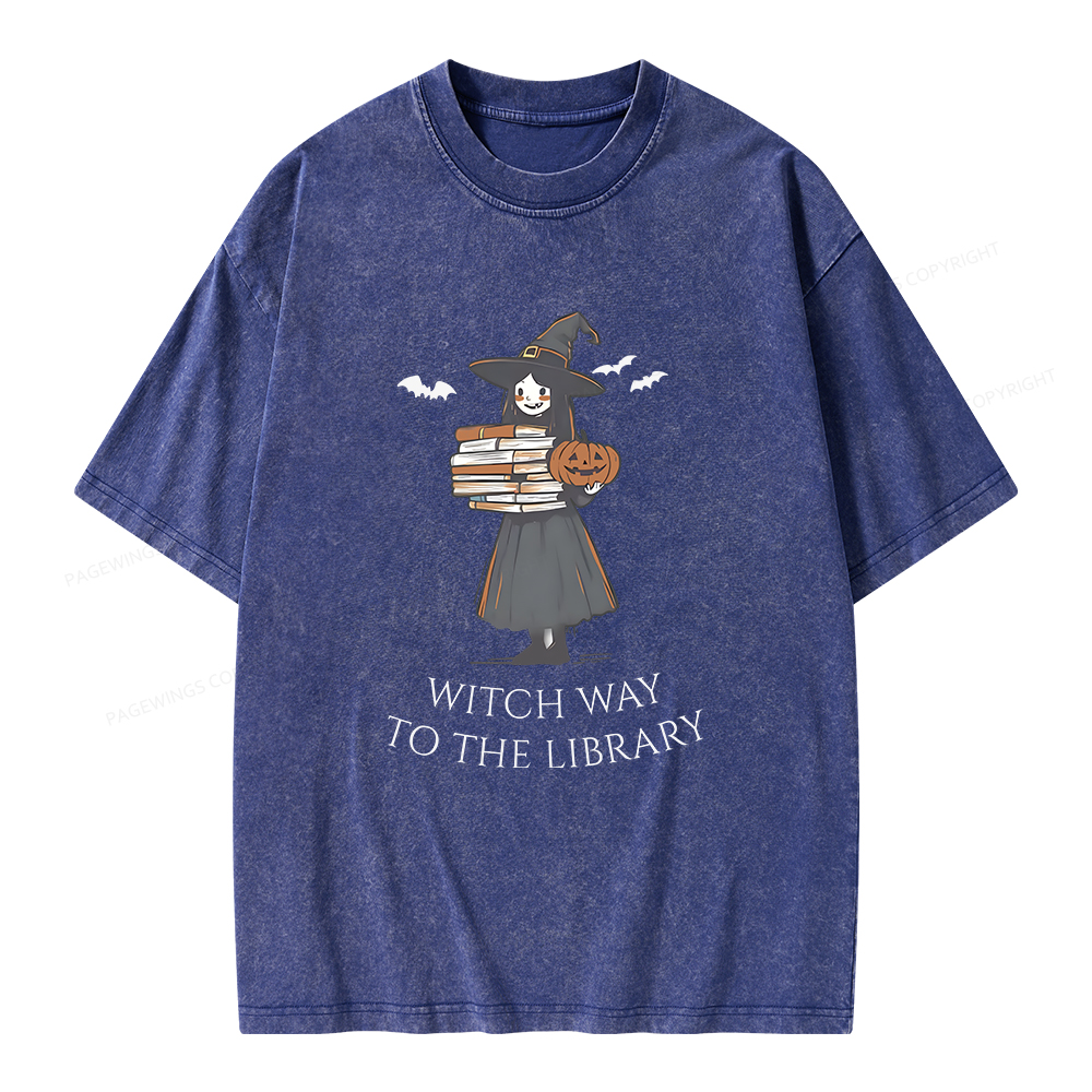 Pagewings Witch Way To The Library Halloween Unisex Washed T-shirt