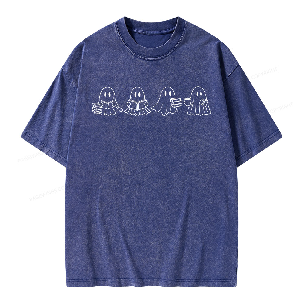 Pagewings Halloween Cute Ghost Reading Books Unisex Washed T-shirt