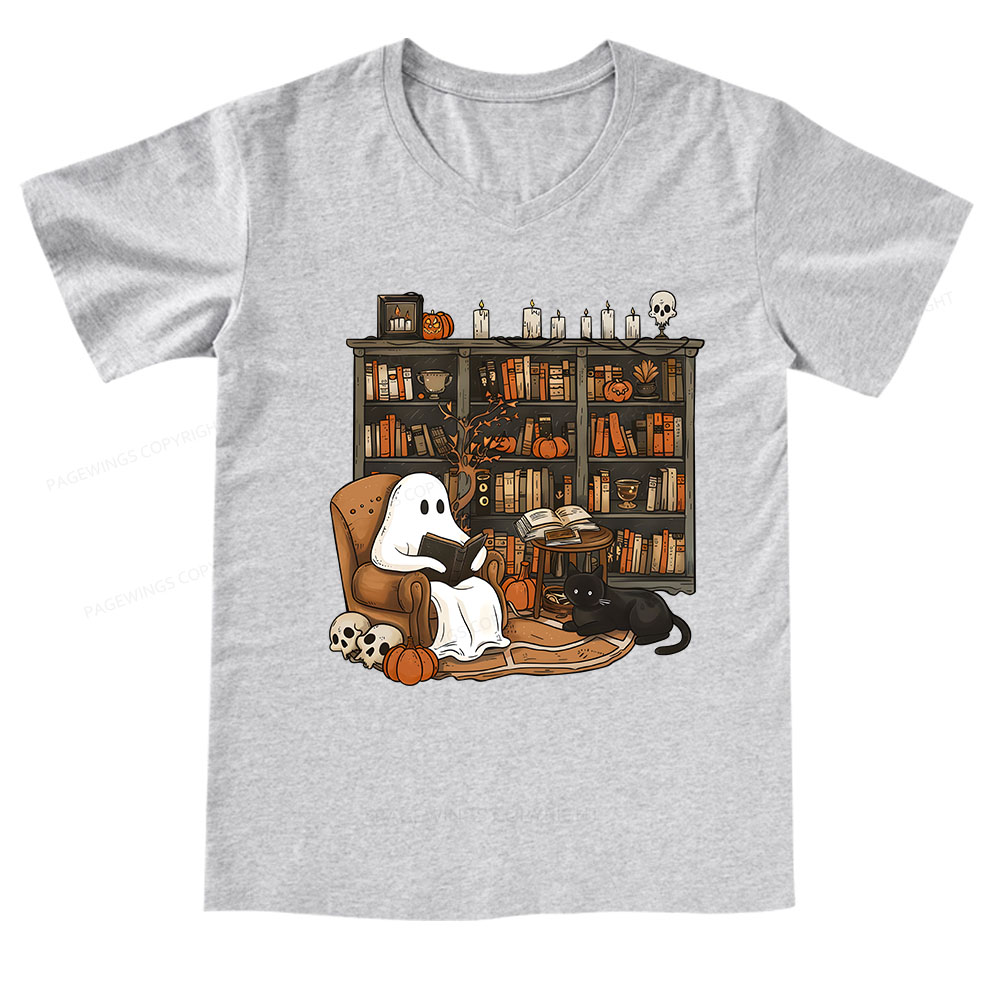 Pagewings Halloween Ghost Reading Books V-neck T-shirt