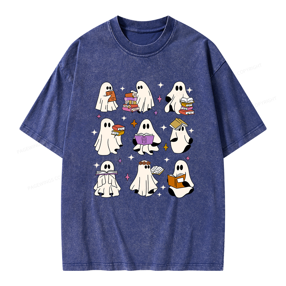 Pagewings Ghost Reading Books Unisex Washed T-shirt