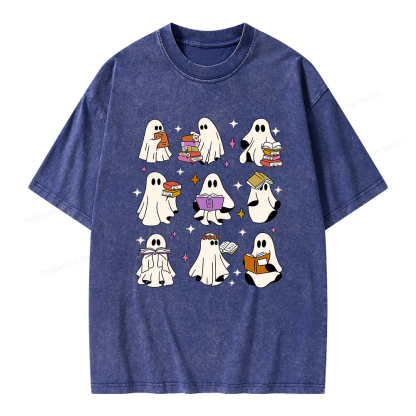 Pagewings Ghost Reading Books Unisex Washed T-shirt
