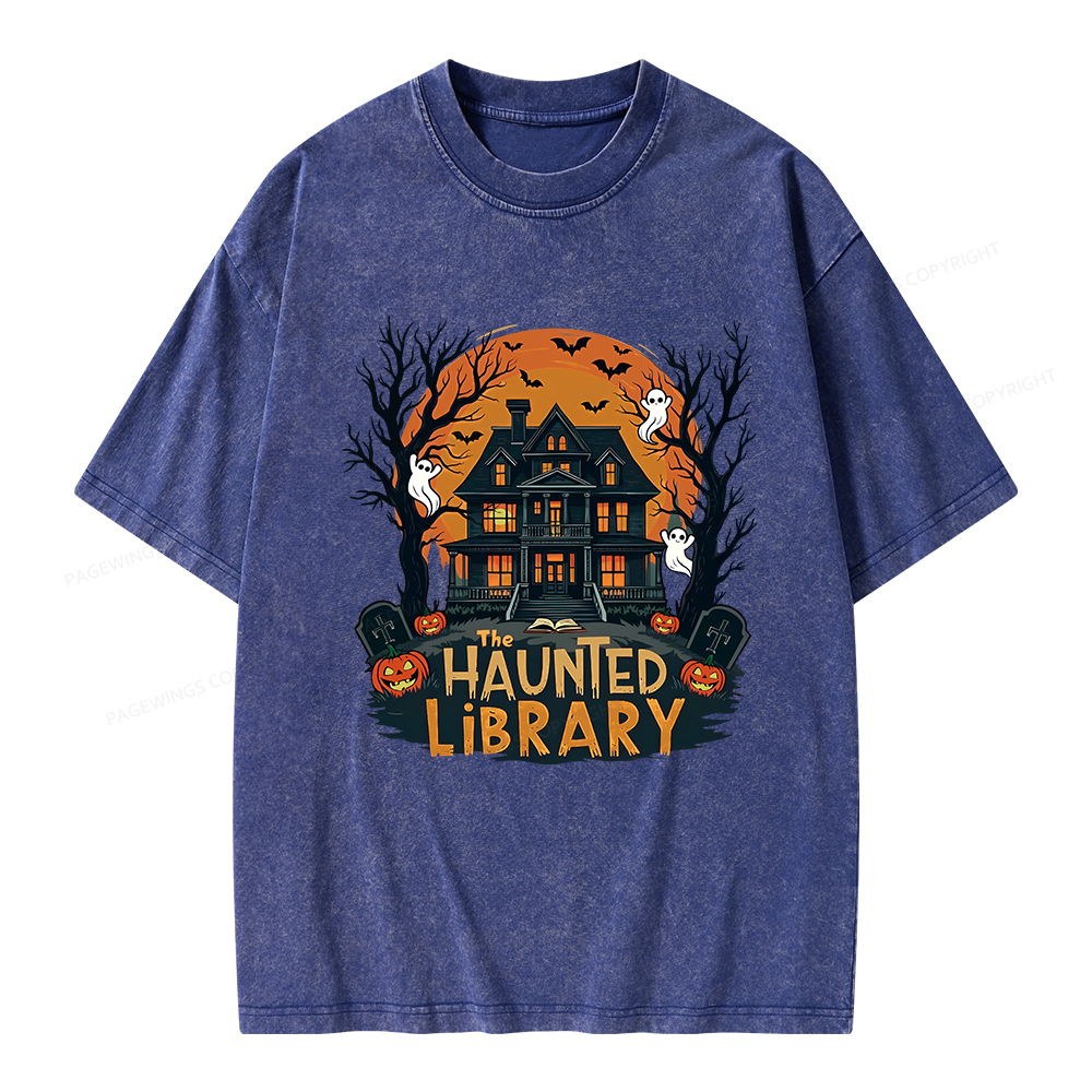 Pagewings Haunted Library Halloween Unisex Washed T-shirt