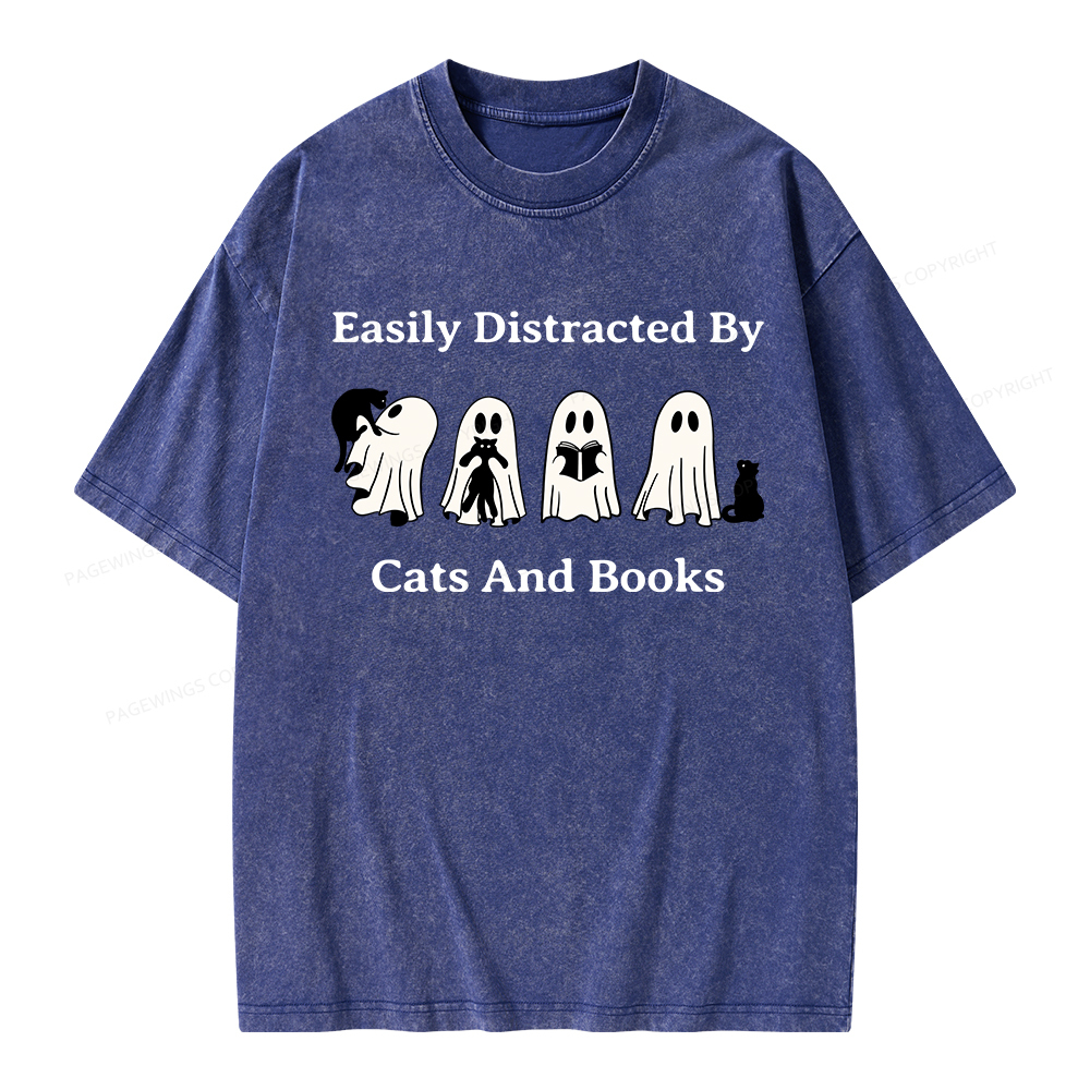 Pagewings Easily Distracted By Cats And Books Unisex Washed T-shirt