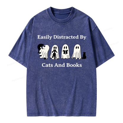 Pagewings Easily Distracted By Cats And Books Unisex Washed T-shirt