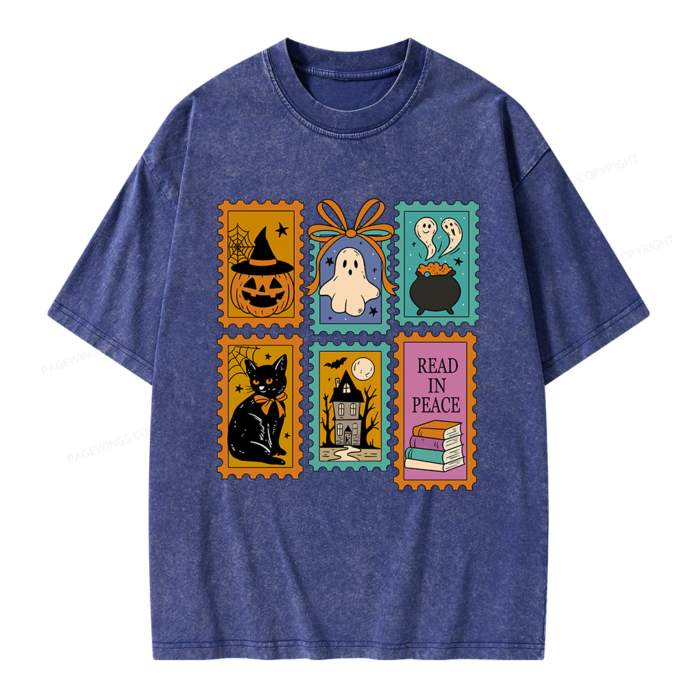 Pagewings Halloween Cute Ghost Pumpkin Cat Unisex Washed T-shirt