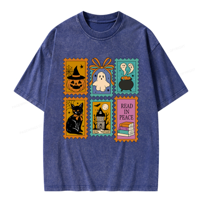 Pagewings Halloween Cute Ghost Pumpkin Cat Unisex Washed T-shirt
