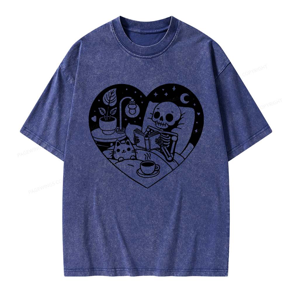Pagewings Reading Skeleton and Cat Unisex Washed T-shirt