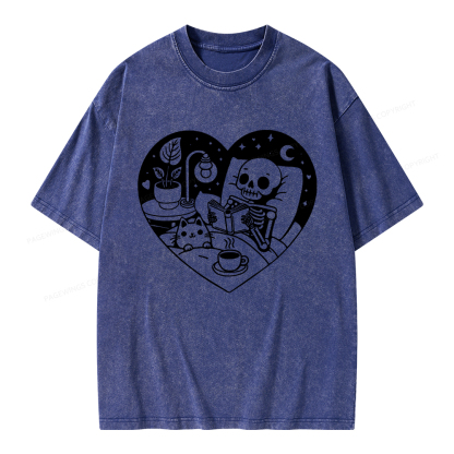 Pagewings Reading Skeleton and Cat Unisex Washed T-shirt