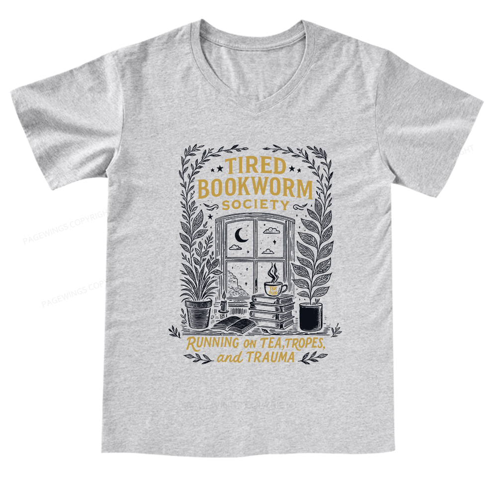 Pagewings Tired Bookworm Society V-neck T-shirt