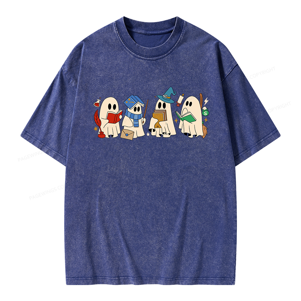 Pagewings Halloween Ghosts Reading Book Unisex Washed T-shirt