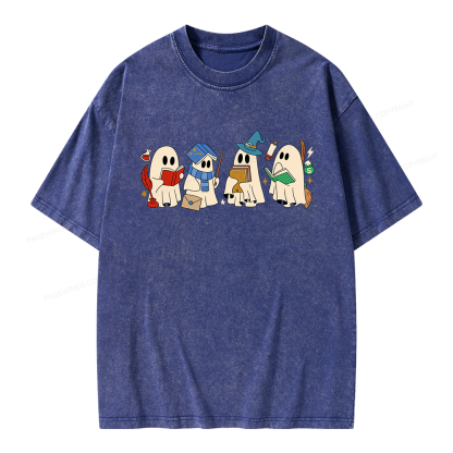 Pagewings Halloween Ghosts Reading Book Unisex Washed T-shirt