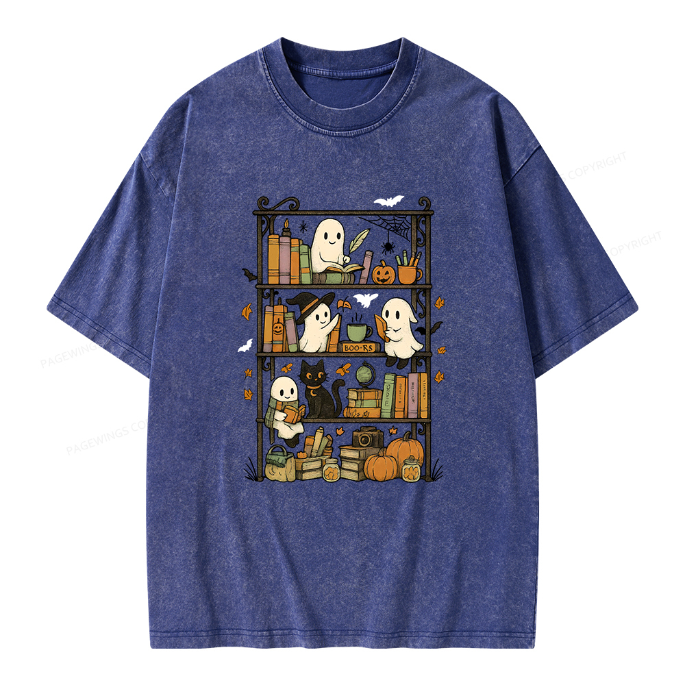 Pagewings Retro Halloween Bookshelf Unisex Washed T-shirt