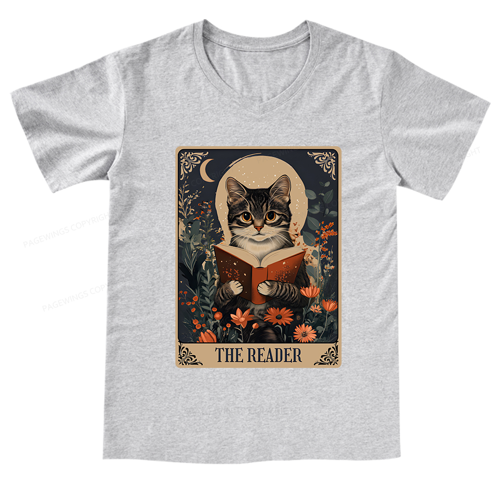 Pagewings The Reader Tarot Card Cat V-neck T-shirt
