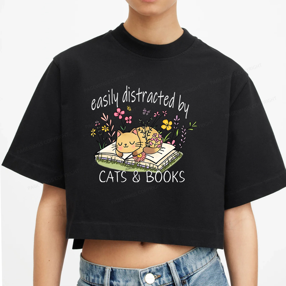 Pagewings Easily Distracted By Cats And Books Women Crop Tops