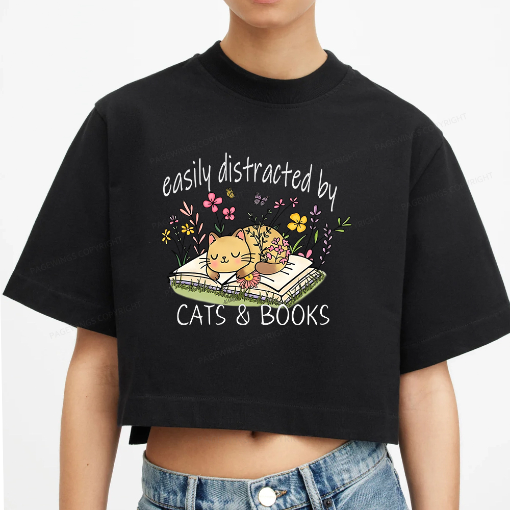 Pagewings Easily Distracted By Cats And Books Women Crop Tops
