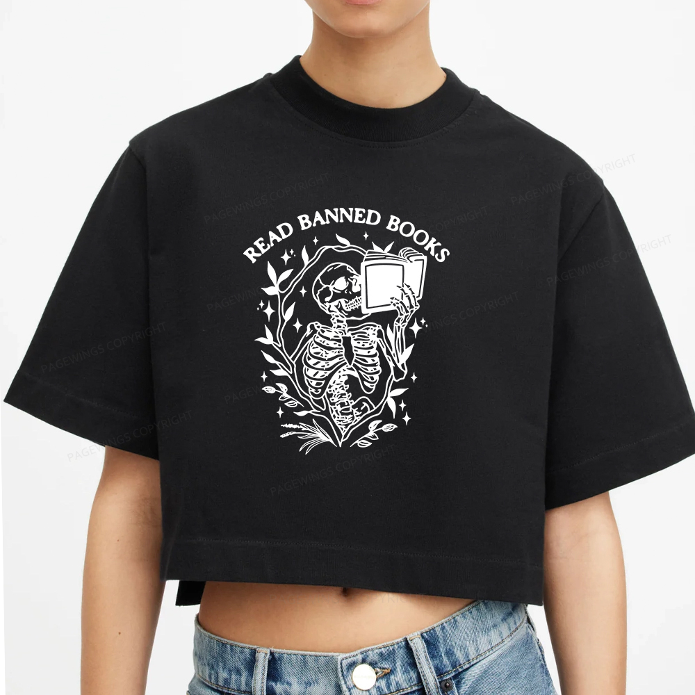 Pagewings Read Banned Books Skeleton Halloween Women Crop Tops