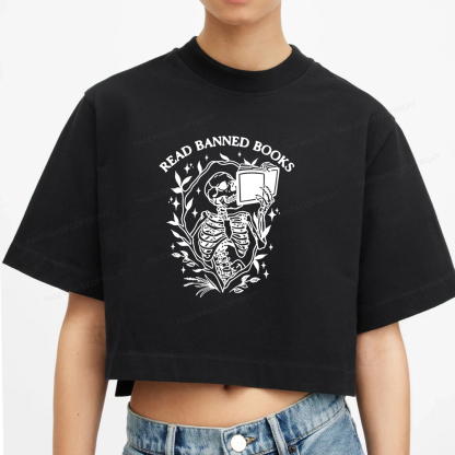 Pagewings Read Banned Books Skeleton Halloween Women Crop Tops