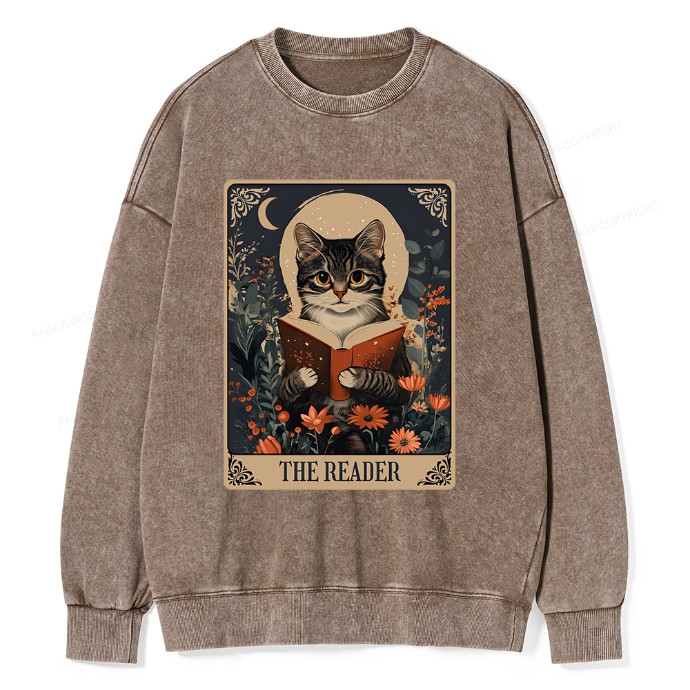 Pagewings The Reader Tarot Card Cat Unisex Washed Sweatshirt