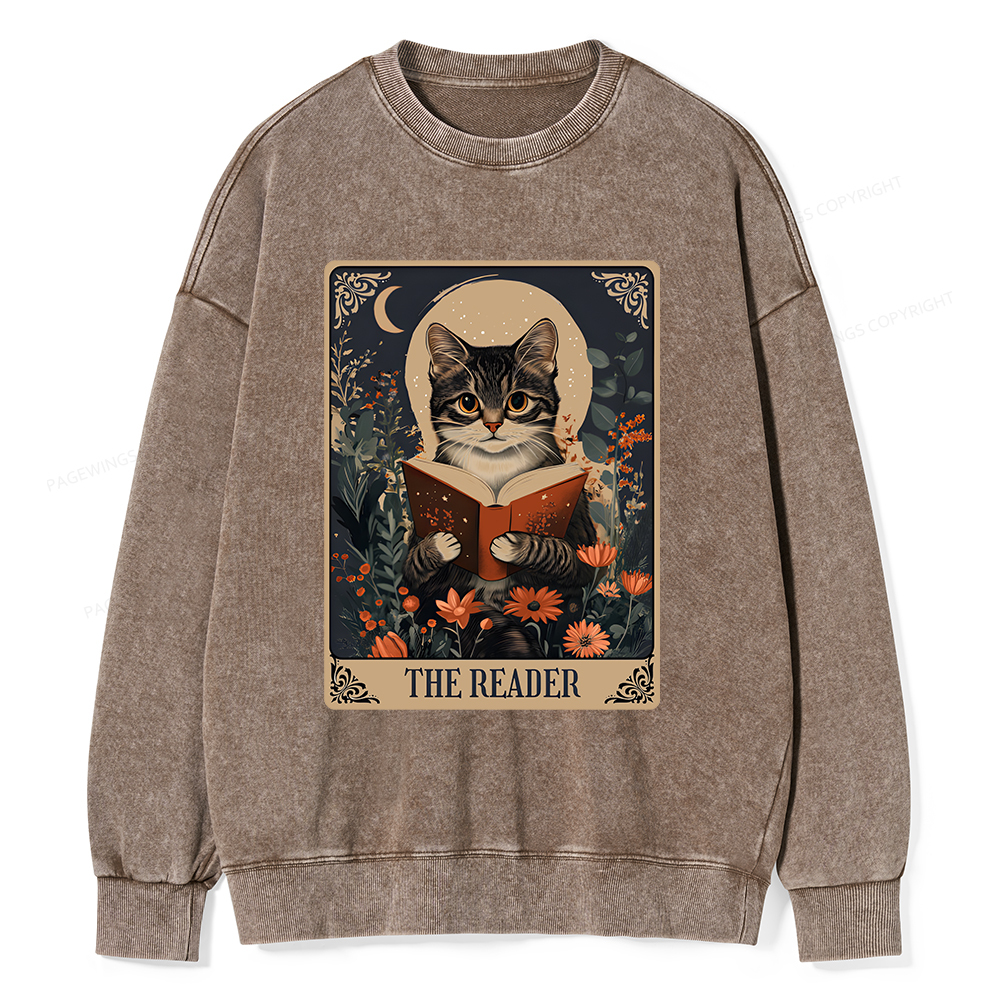 Pagewings The Reader Tarot Card Cat Unisex Washed Sweatshirt