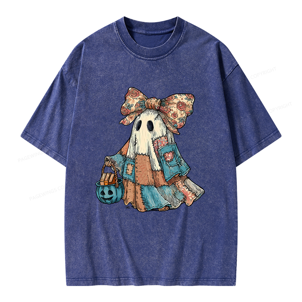 Pagewings Halloween Patchwork Spooky Ghost Buy Books Unisex Washed T-shirt