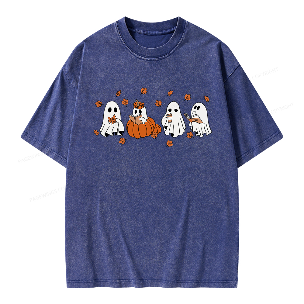 Pagewings Halloween Fall Ghost Reading Books Unisex Washed T-shirt