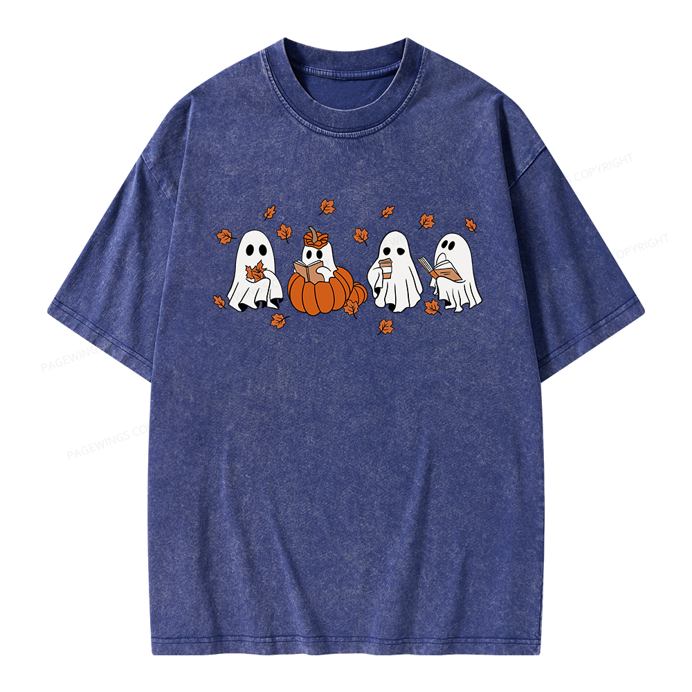 Pagewings Halloween Fall Ghost Reading Books Unisex Washed T-shirt