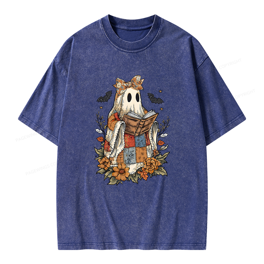 Pagewings Patchwork Ghost Reading Books Unisex Washed T-shirt