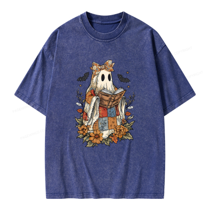 Pagewings Patchwork Ghost Reading Books Unisex Washed T-shirt