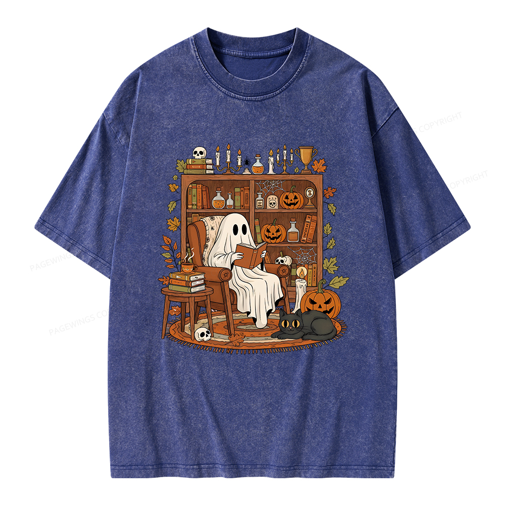 Pagewings Cozy Ghost Reading Halloween Unisex Washed T-shirt